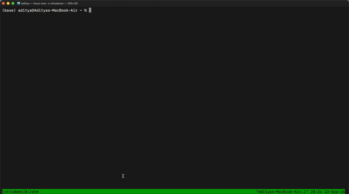One minute of otto tui: a request to write and run a script, the tool trace and the judge as they happen, the answer, the ledger, then a greeting on the fast path